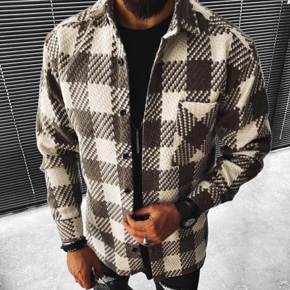 Casual Check Textured Chest Pocket Long Sleeve Jacket