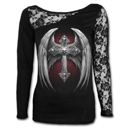 Womens lace stitching print top