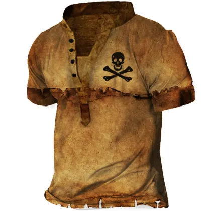 Pirate Skull Men's Vintage Print Henley Short Sleeve T-Shirt