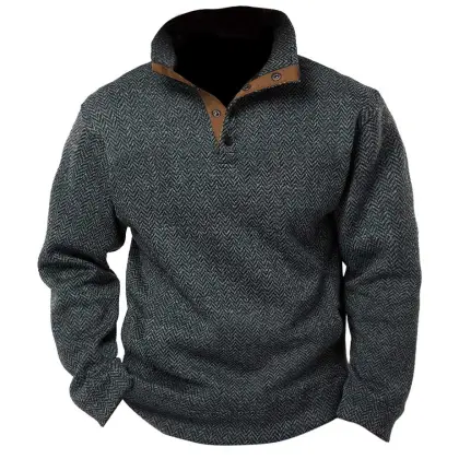 Men's Sweatshirt Vintage Herringbone Snap Contrast Daily Tops Pullover