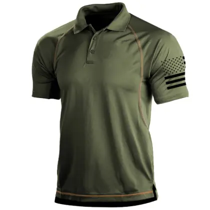 Men's Outdoor American Flag Print Tactical Polo Neck Short Sleeve T-Shirt