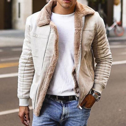 Men's Faux Leather Fleece Fur One Short Coat Large Lapel Men's Jacket