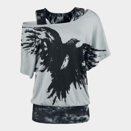 Eagle print off shoulder bat sleeve short sleeve shirt