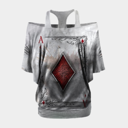 Frauen Spiel drucken Schulter Fledermaus Ärmel Kurzarm Shirt