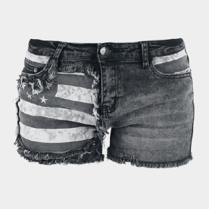 Printed paneled Gothic denim shorts