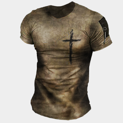 Mens retro casual cross print T-shirt
