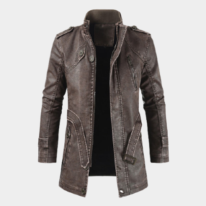 Mens outdoor long leather cold-resistant jacket