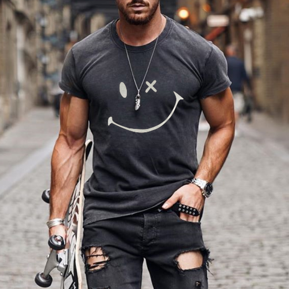 Mens Fashion Washing Short Sleeve Smiley T-shirt - Blaroken.com 