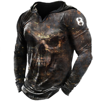 Vintage Metal Skull Print Long-sleeved Hooded T-shirt