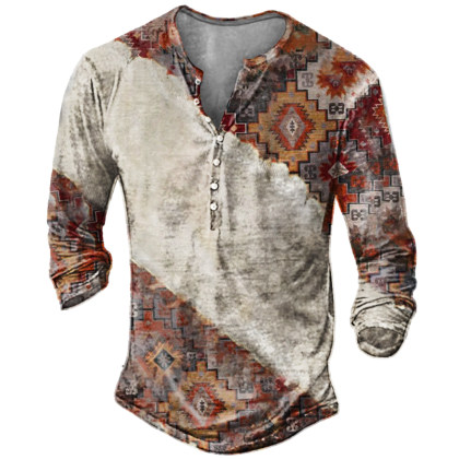Men's Western Ethnic Aztec Graphic Henry Shirt - Blaroken.com 