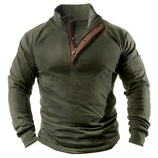 Men's Retro Contrast Henley Stand Collar Long Sleeve T-Shirt