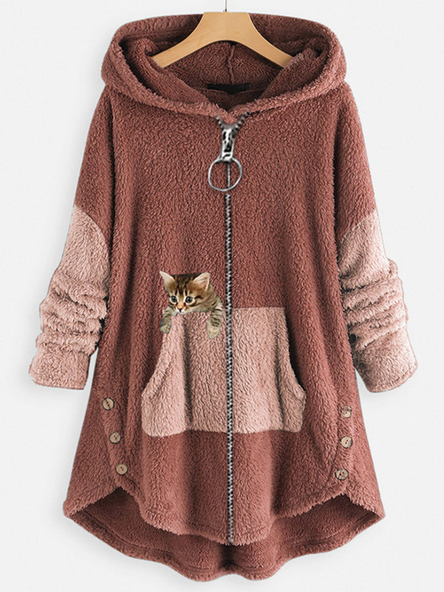 Loose Casual Cat Print Lamb Wool Cardigan Hooded Coat