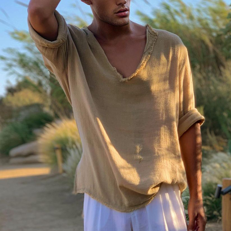 Linen V-neck 3/4-sleeve Brushed Shirt