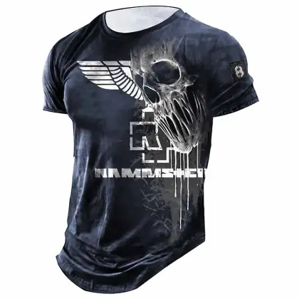 Men's Vintage Rammstein Rock Band Skull Daily Short Sleeve Crew Neck T-Shirt