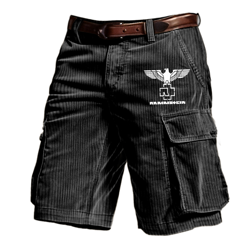 Men's Corduroy Rammstein Rock Band Print Outdoor Vintage Multi Pocket Shorts