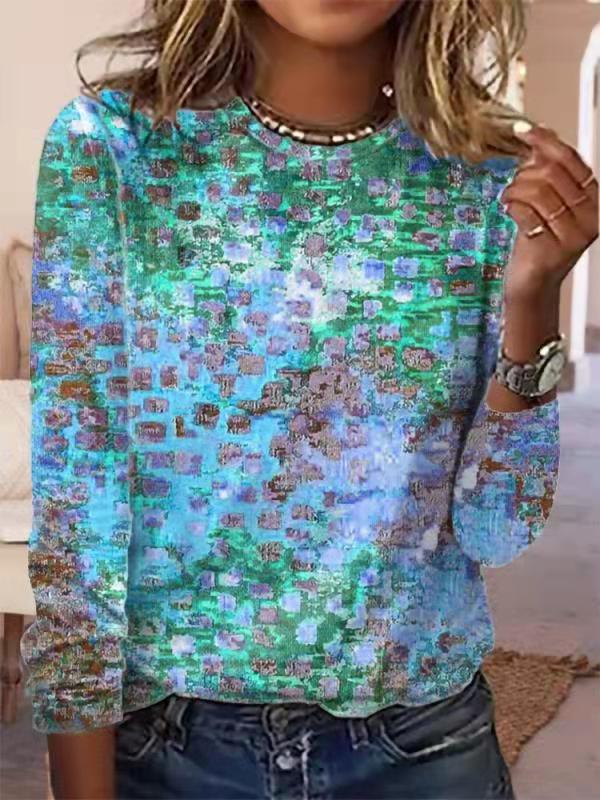 Round Neck Casual Loose Retro Print Long Sleeve T-shirt