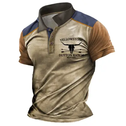 Men's Vintage Yellowstone Skull Bull Contrast Polo Collar T-Shirt