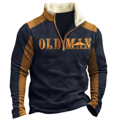 Men's Vintage Colorblock Zipper Stand Collar Sweatshirt