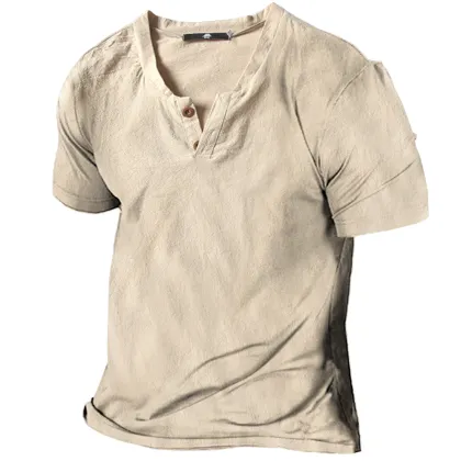 Men's Vintage Linen Henley Collar Short Sleeve T-Shirt