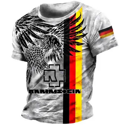 Men's Vintage Rammstein Rock Band Eagle German Flag Daily Short Sleeve Crew Neck T-Shirt