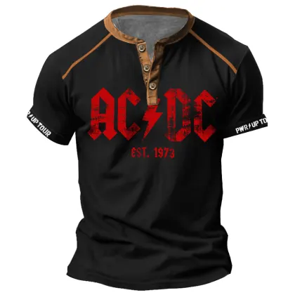 Men's Vintage ACDC Est. 1973 Rock Band Color Block Print Henley Short Sleeve T-Shirt