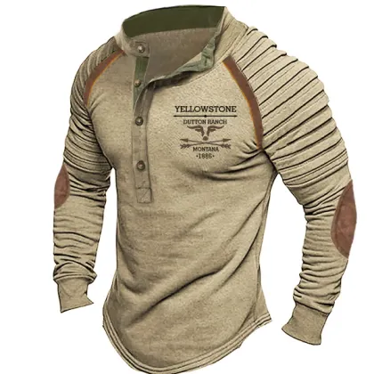 Plus Size Men's Vintage Western Yellowstone Henley Stand Collar T-Shirt