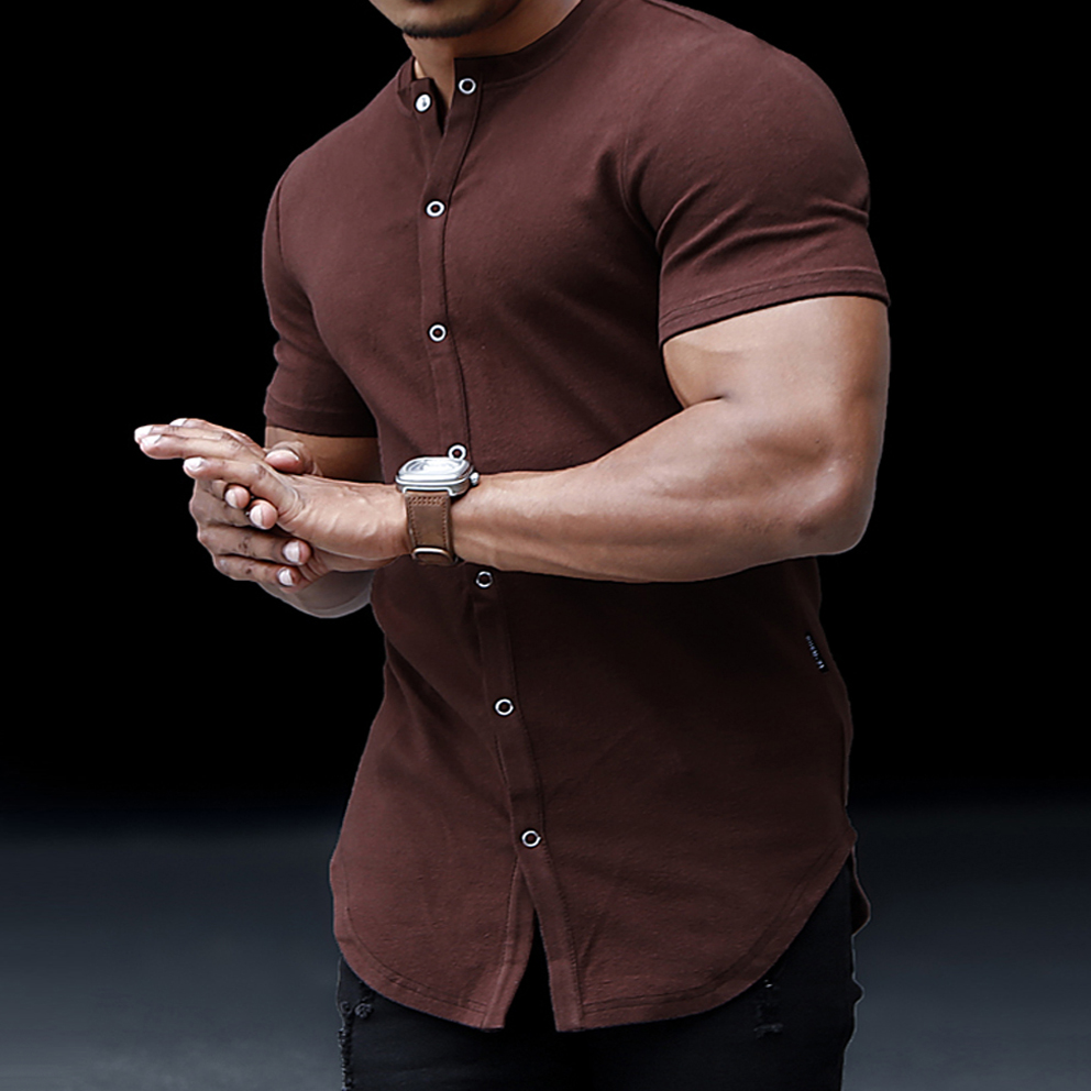 Men's Casual Slim Solid Color Short Sleeve Shirt Outdoor Fitness Sports Running Pure Cotton Stand Collar Cardigan