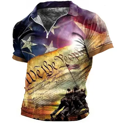 Men's Vintage American Flag Independence Day Zip Polo T-Shirt